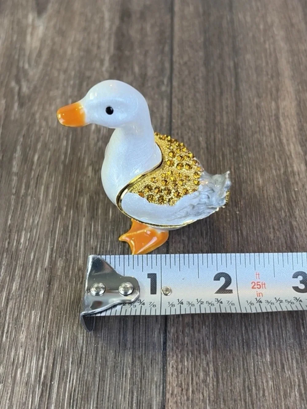 Enamel & Rhinestone Hinged White & Orange Duck Jewelry Pill Trinket Box Jeweled